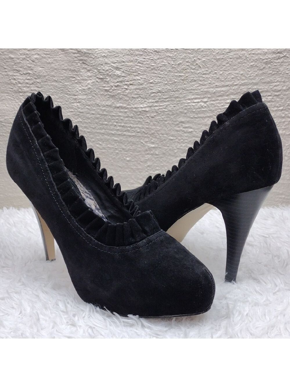Madden Girl Guava Black Suede Fabric Ruffled Upper Point Toe Stiletto Heel Shoe